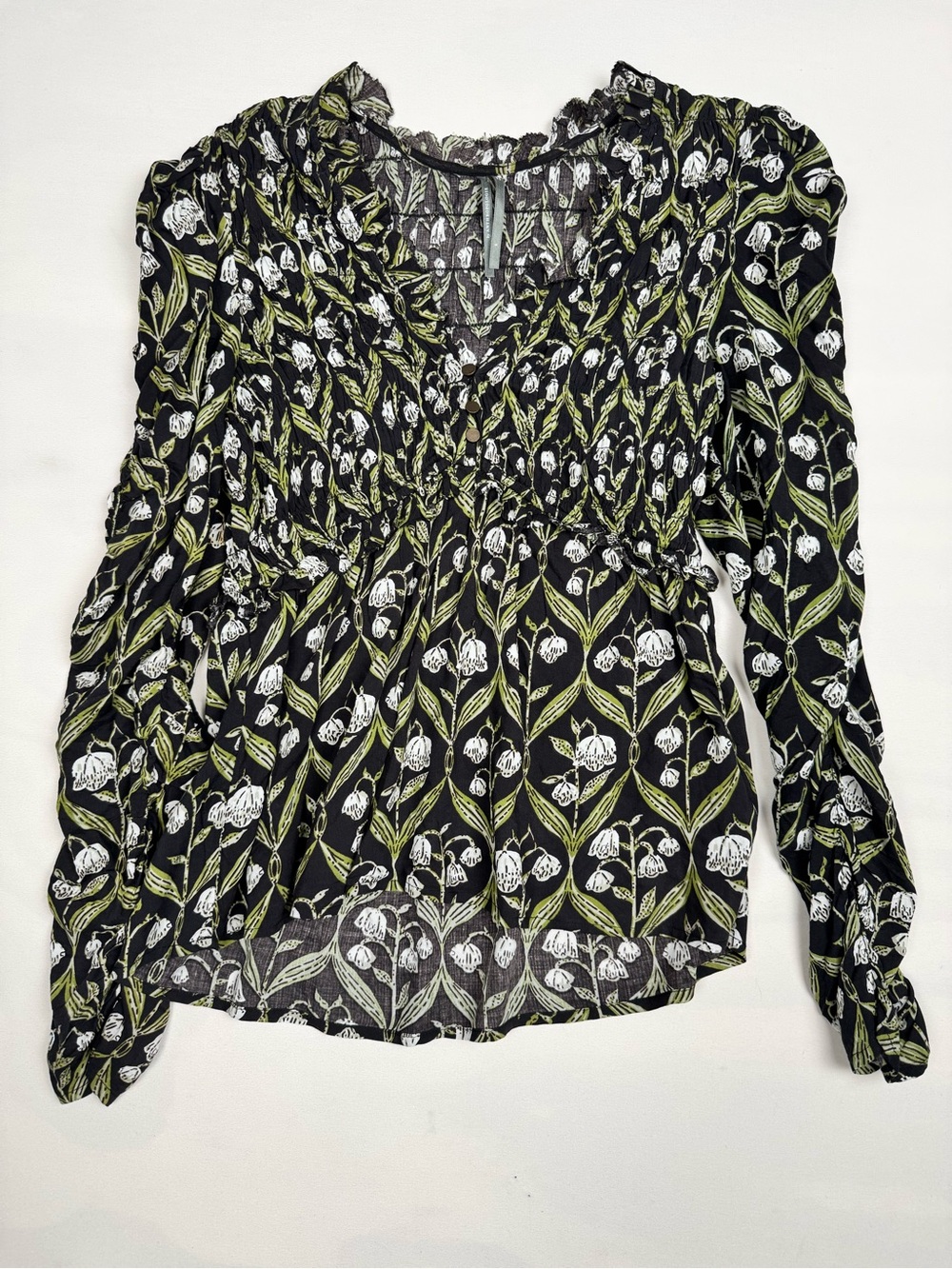 By Anthropologie Ruched-Sleeve V-Neck Top Black Green Floral Women’s S